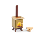 Wooden toy stove with a flame inside, accompanied by two logs on a white background