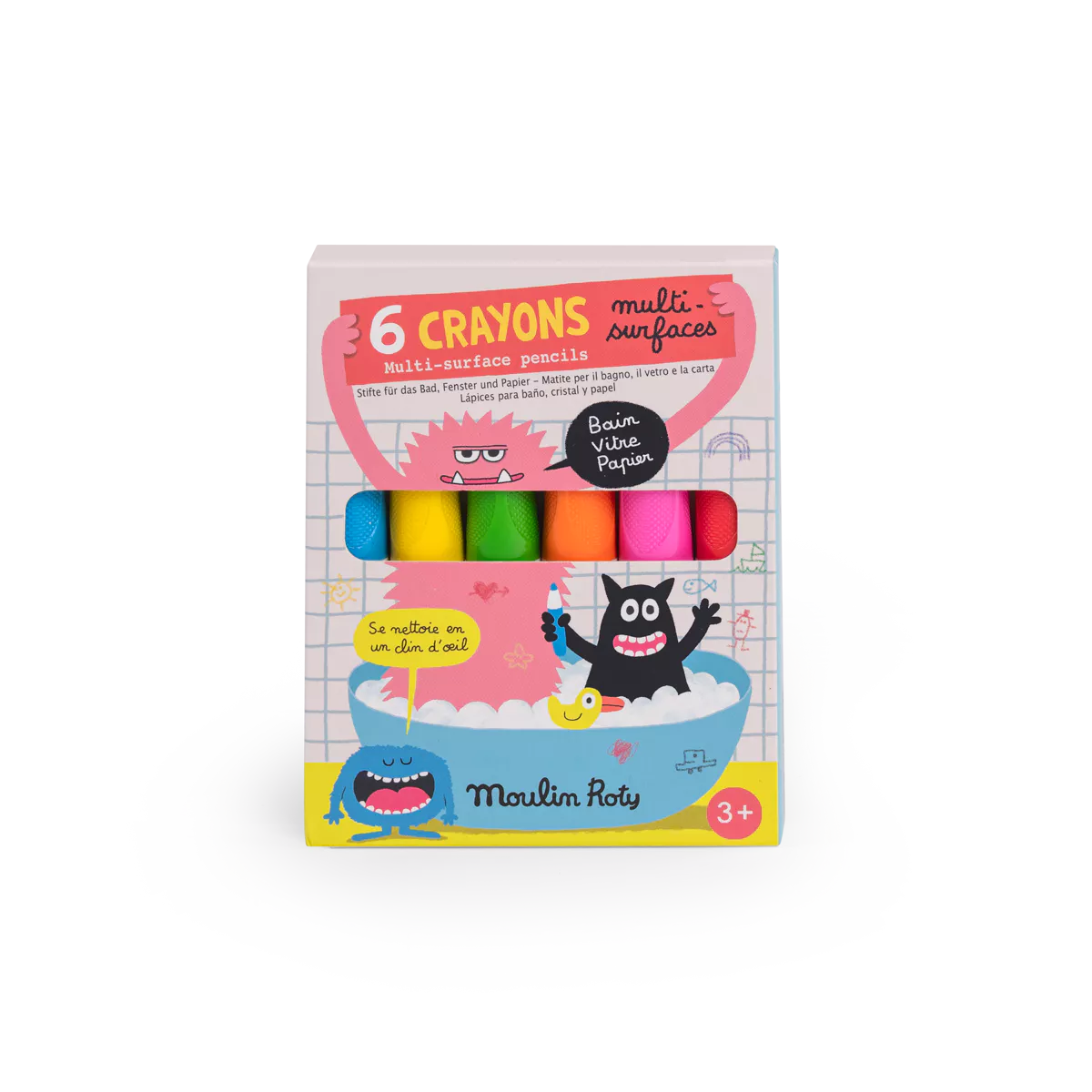 Pack of 6 crayons with colorful packaging featuring cartoon characters on a white background