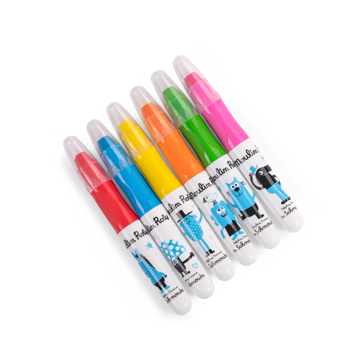 Set of colorful markers with cartoon character labels on a white background