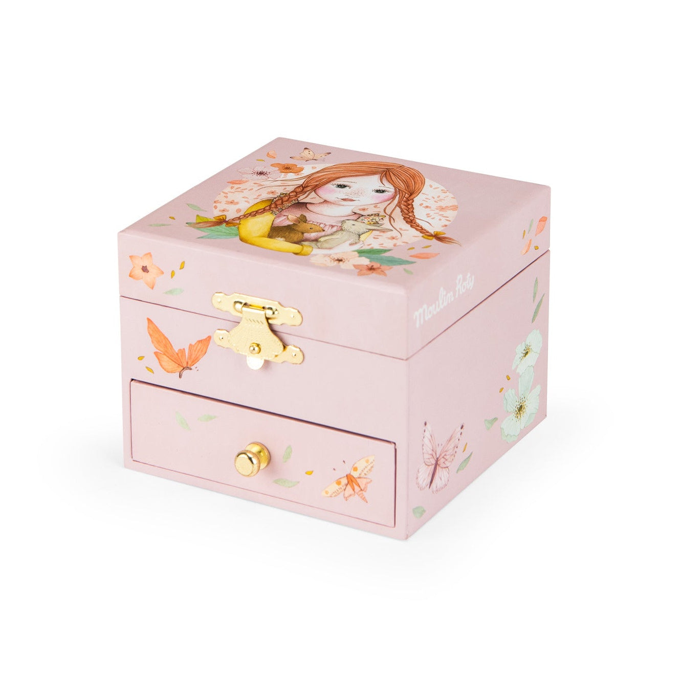 Pink jewelry box with floral and fairy design on a white background