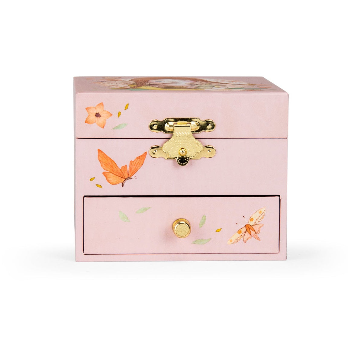 Pink jewelry box with floral designs and gold accents on a white background