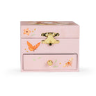 Pink jewelry box with floral designs and gold accents on a white background