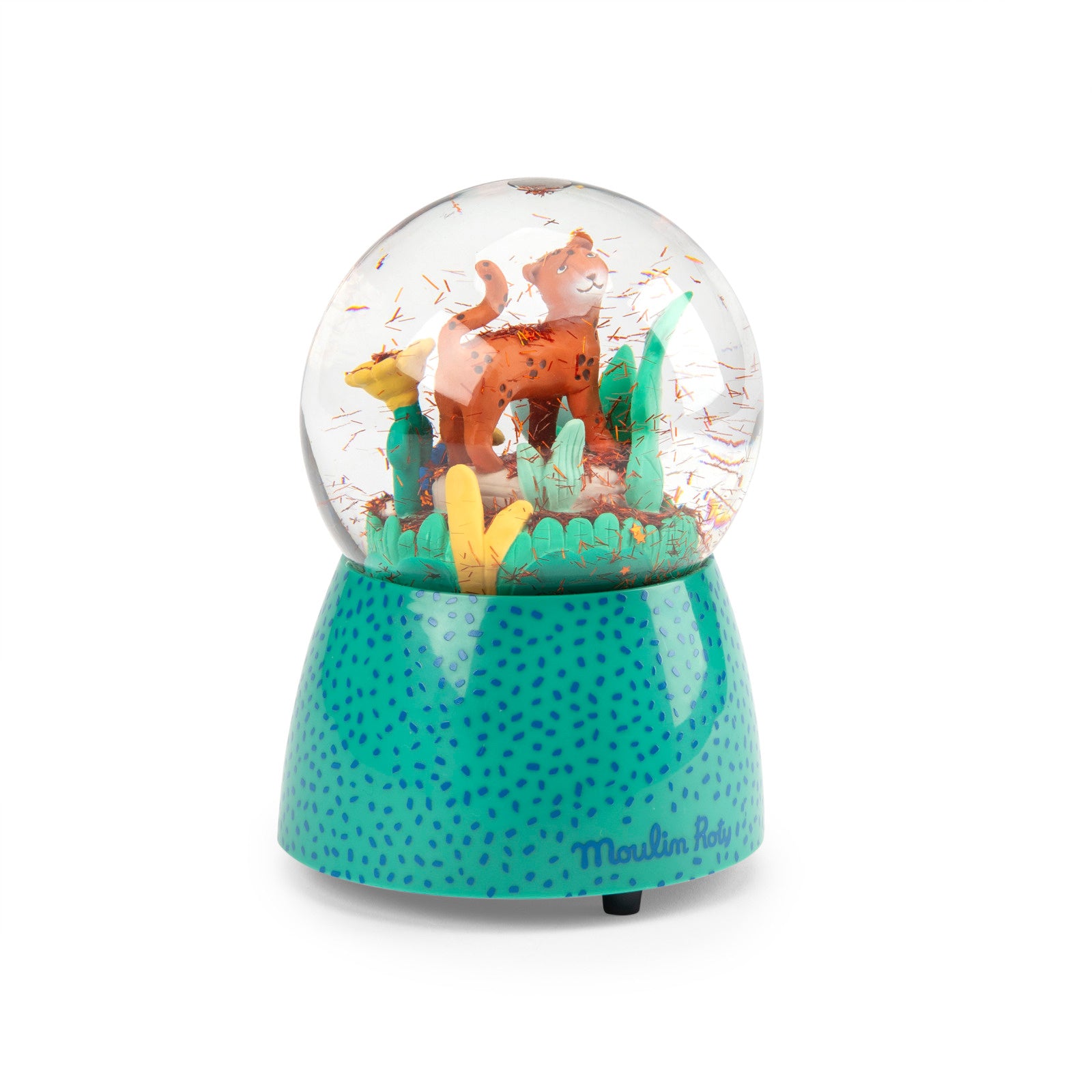Glowing snow globe with a colorful design on a white background