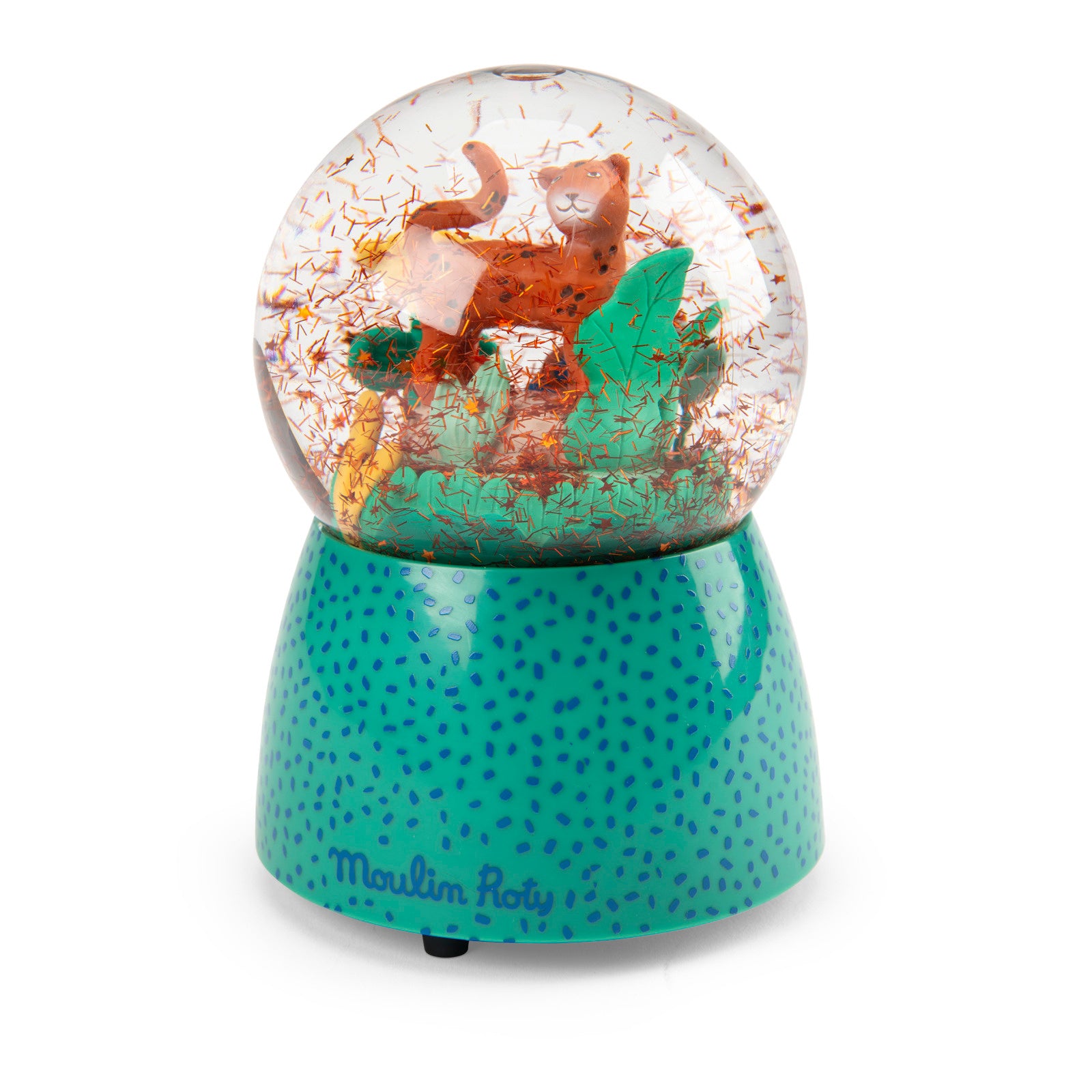 Glowing snow globe with foxes on a green base, featuring the Moulins Roty brand.