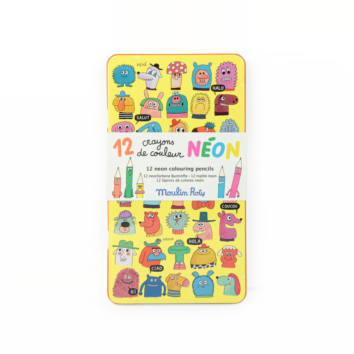 Pack of 12 neon coloring pencils with cartoon character design on a yellow background