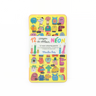 Pack of 12 neon coloring pencils with cartoon character design on a yellow background