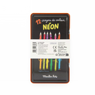 Pack of Moulin Roty neon crayons with branding and product details on a white background