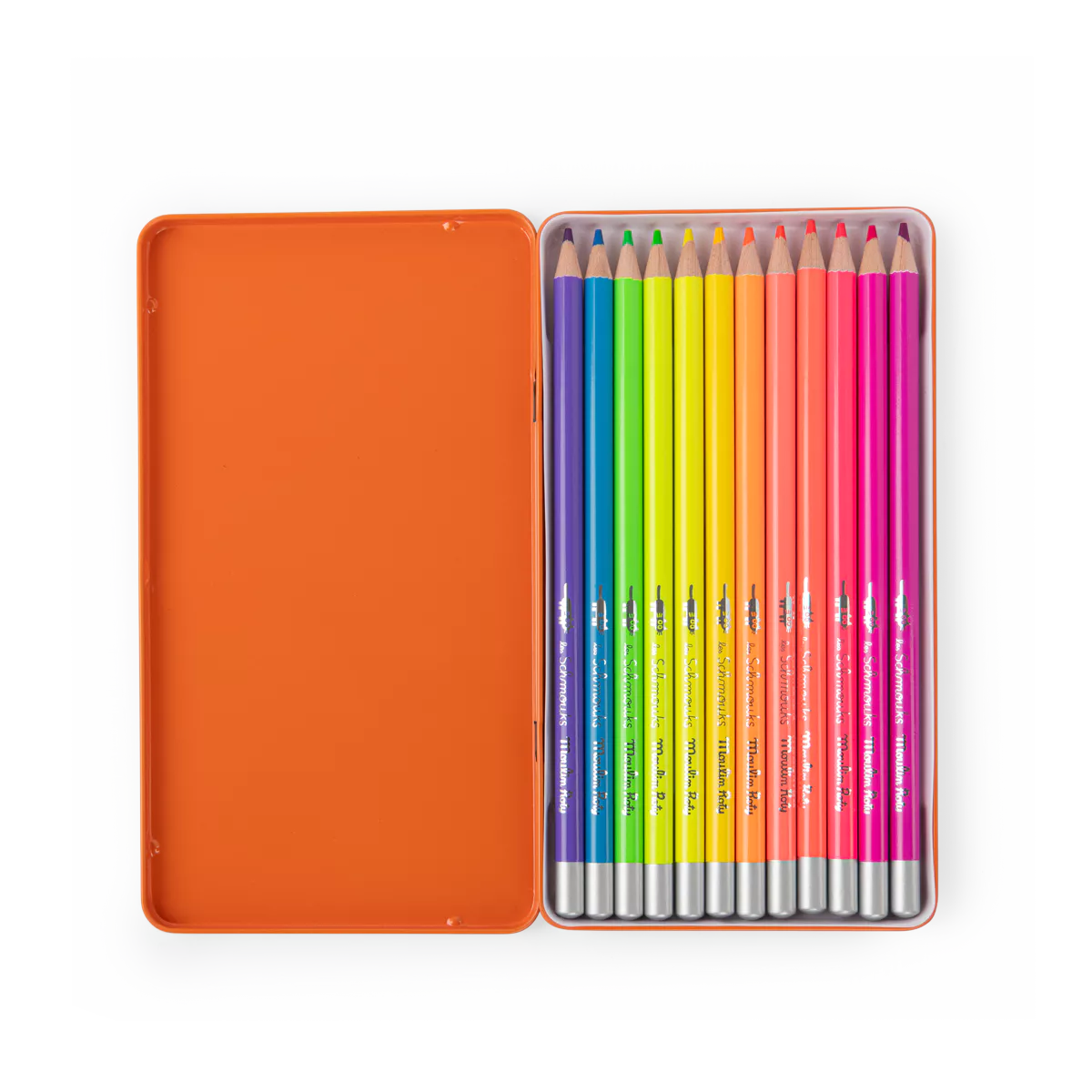 Set of colorful colored pencils in an orange tin on a white background