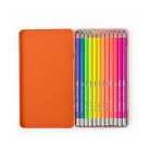 Set of colorful colored pencils in an orange tin on a white background