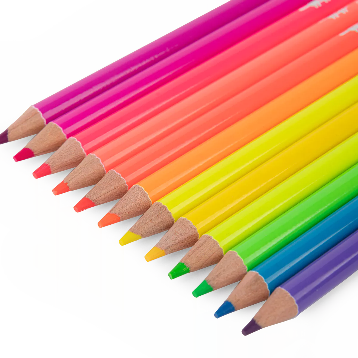 Set of colorful pencils arranged in a rainbow pattern on a white background