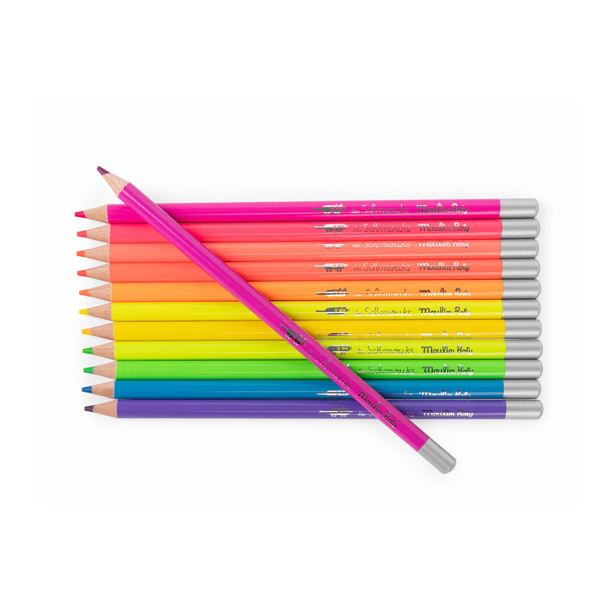 Set of colorful pencils arranged in a rectangular pattern on a white background