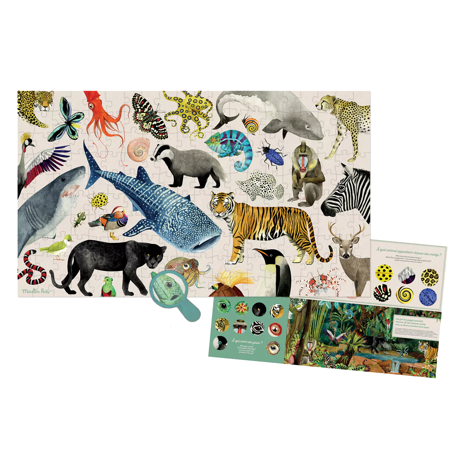 Educational animal-themed product with illustrations on a white background