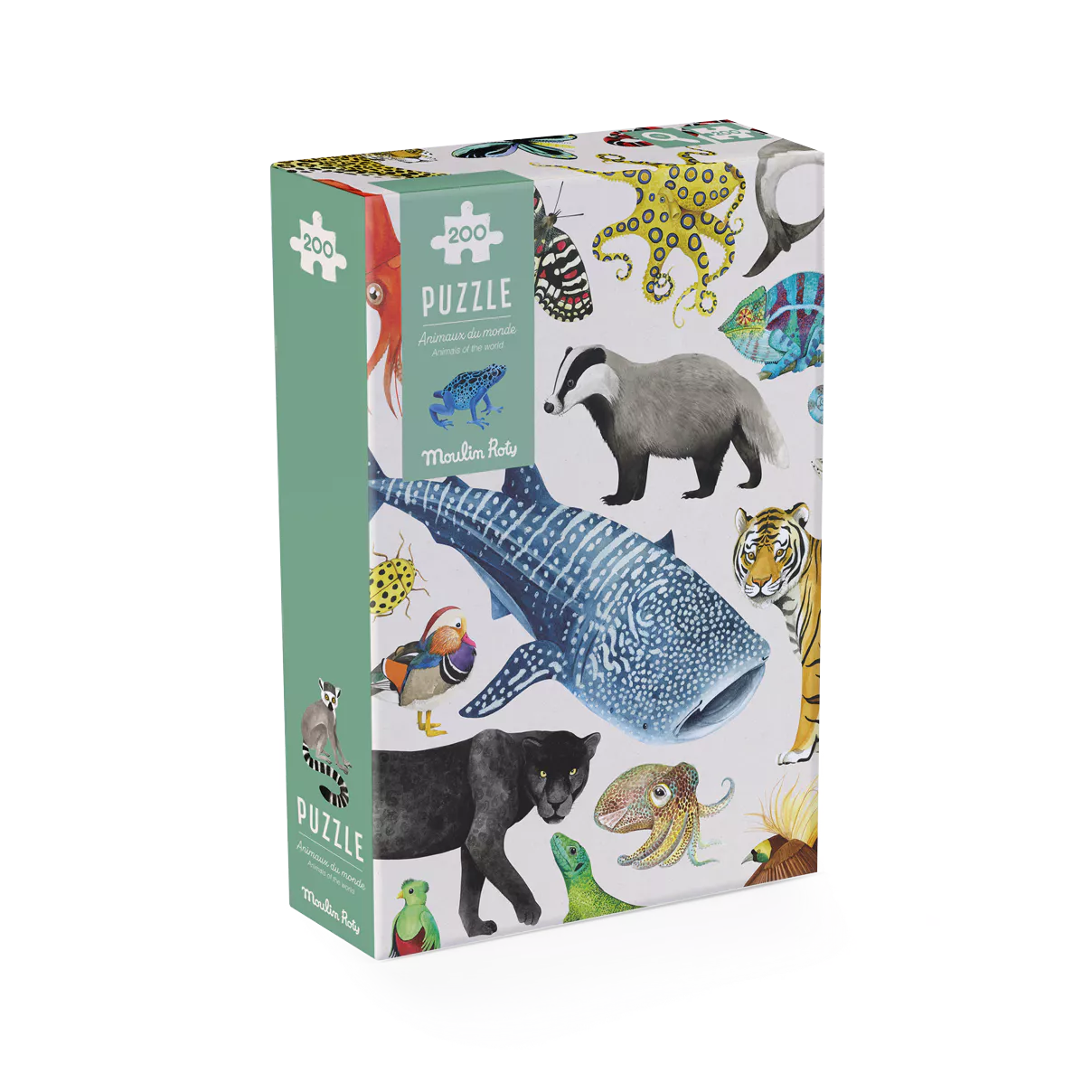 Puzzle box with illustrations of animals on a white background
