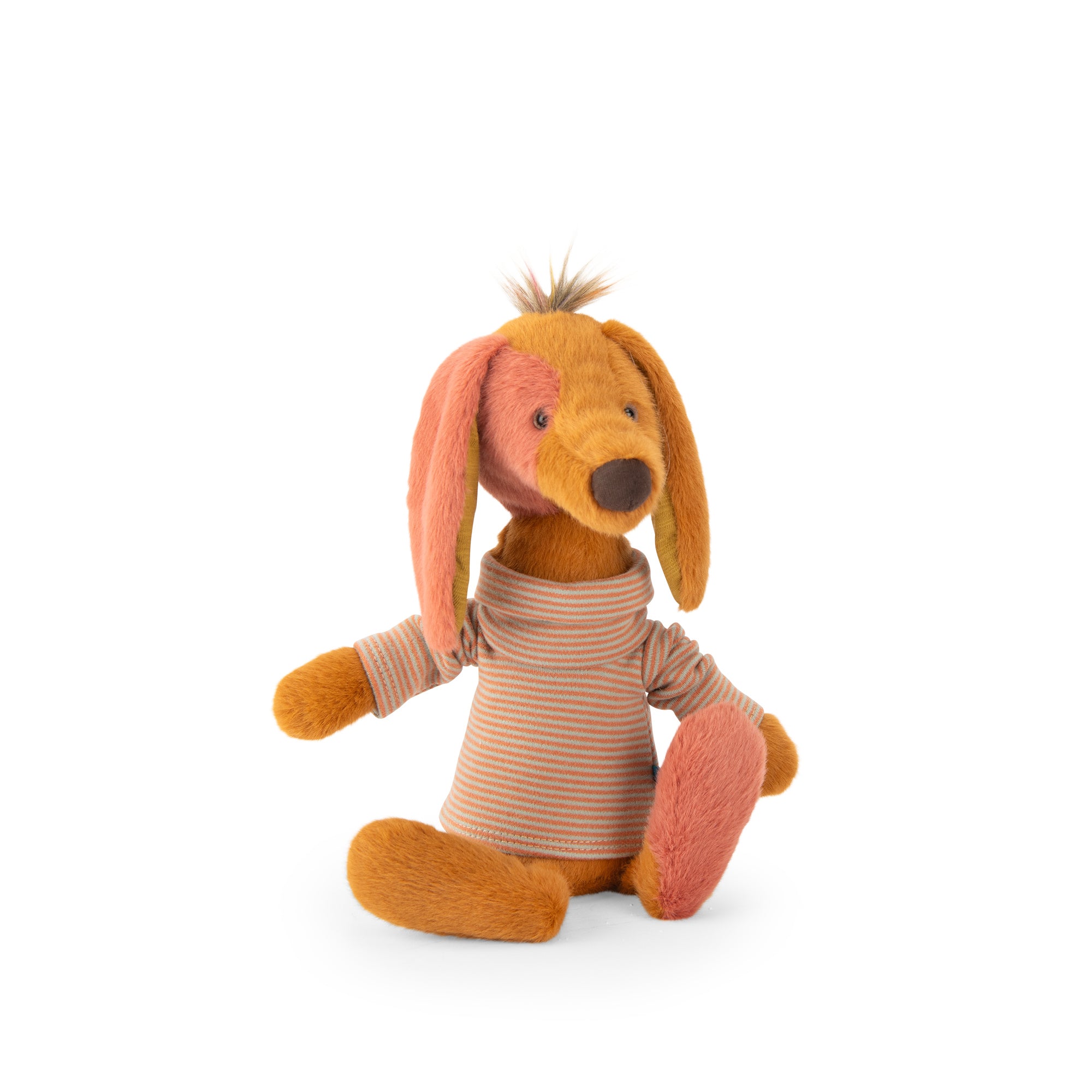 A plush stuffed dog toy sitting on a white background. The dog is golden brown with pink inner ears, pink paws, and a pink-tinted snout, wearing a beige and brown striped turtleneck sweater.
