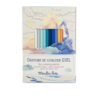 Moulin Roty Pack of crayons  in shades of sky blue with a cloud-themed design on the packaging