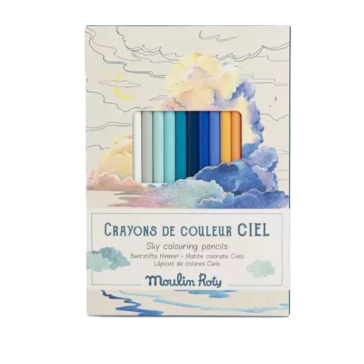 Moulin Roty Pack of crayons  in shades of sky blue with a cloud-themed design on the packaging