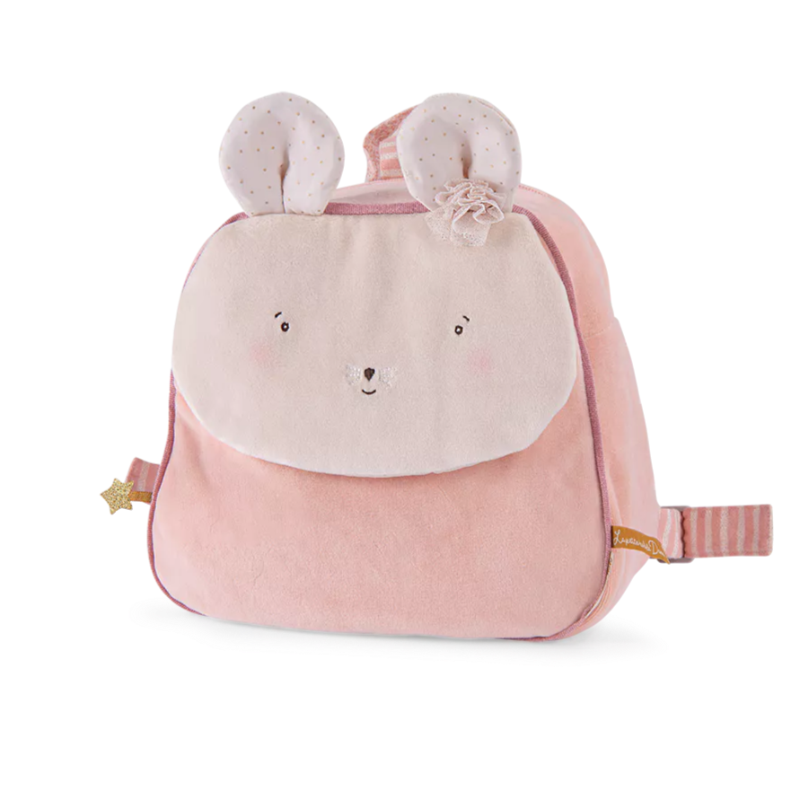 Moulin Roty Pink backpack with mouse face and ears on a white background