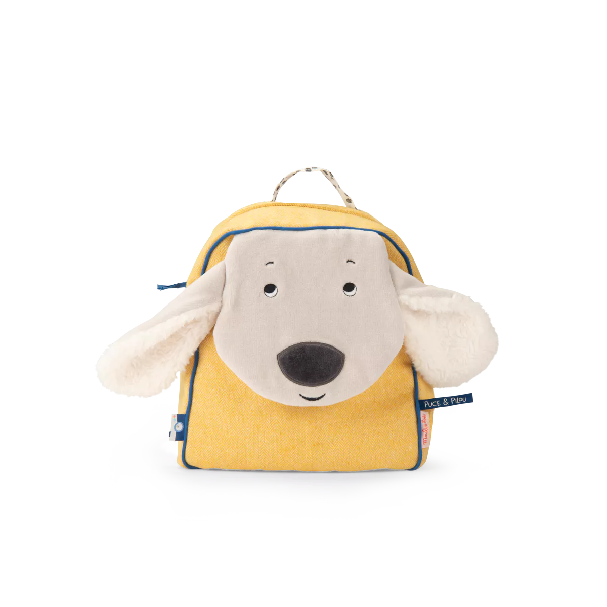 Yellow backpack with a dog face design on a white background