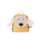 Yellow backpack with a dog face design on a white background