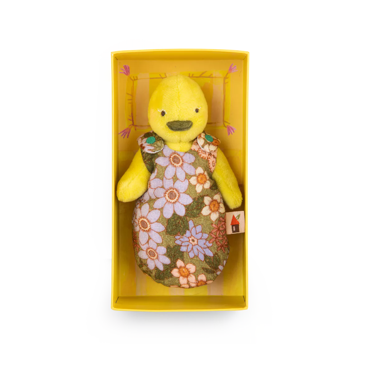 moulin roty Yellow duck plush toy with floral pattern in a yellow box on a white background