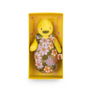 moulin roty Yellow duck plush toy with floral pattern in a yellow box on a white background