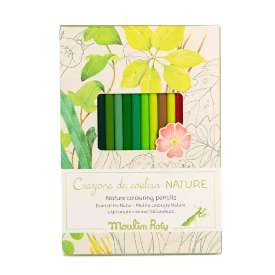 Moulin Roty Pack of nature-themed colouring pencils with floral design on packaging