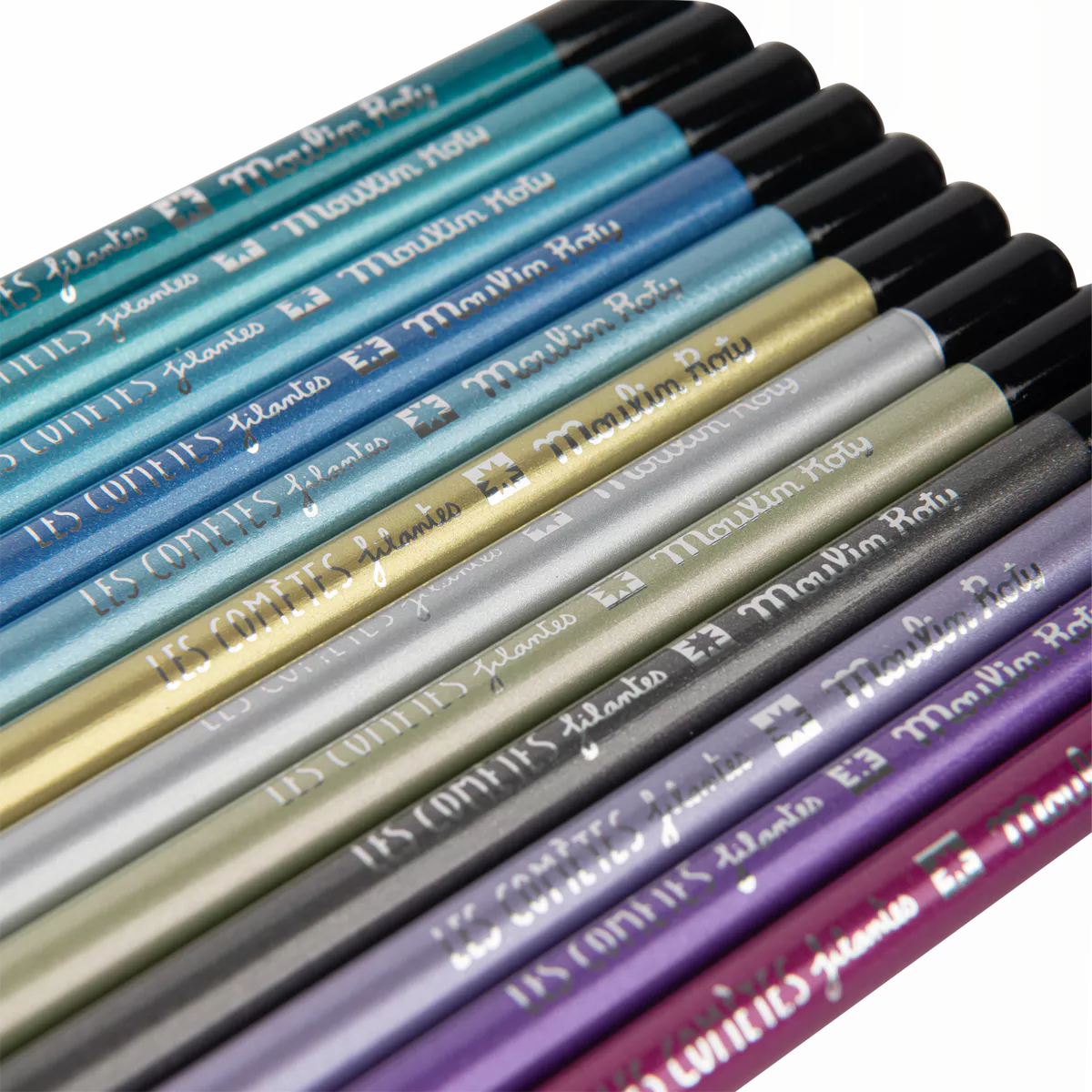 Set of colored pencils with Moulin Roty brand name on a white background