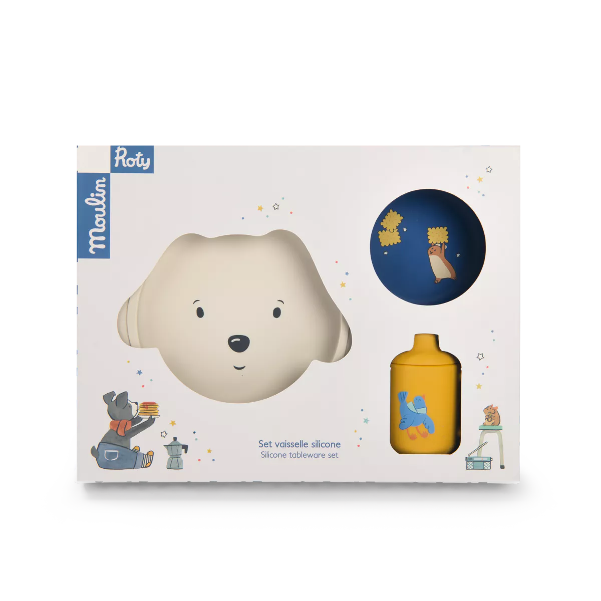 Moulin Roty Silicone Tableware Set, Puce & Pilou - Yoyo & Flo