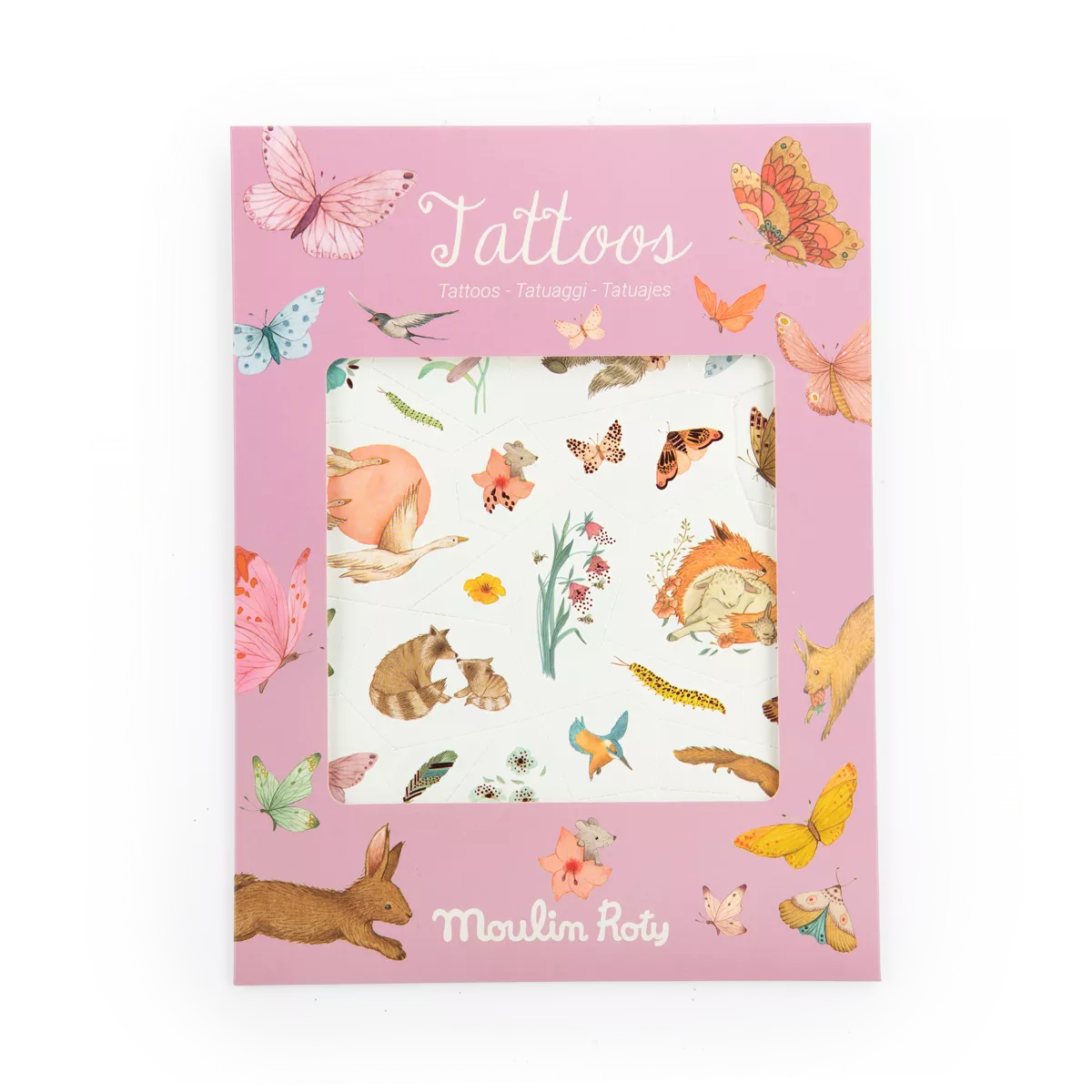 Pack of tattoos with animal and nature designs on a pink background, featuring the brand 'Moulin Roty'.