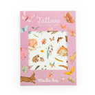 Pack of tattoos with animal and nature designs on a pink background, featuring the brand 'Moulin Roty'.