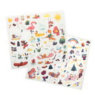 Two sheets of colorful illustrated stickers on a white background