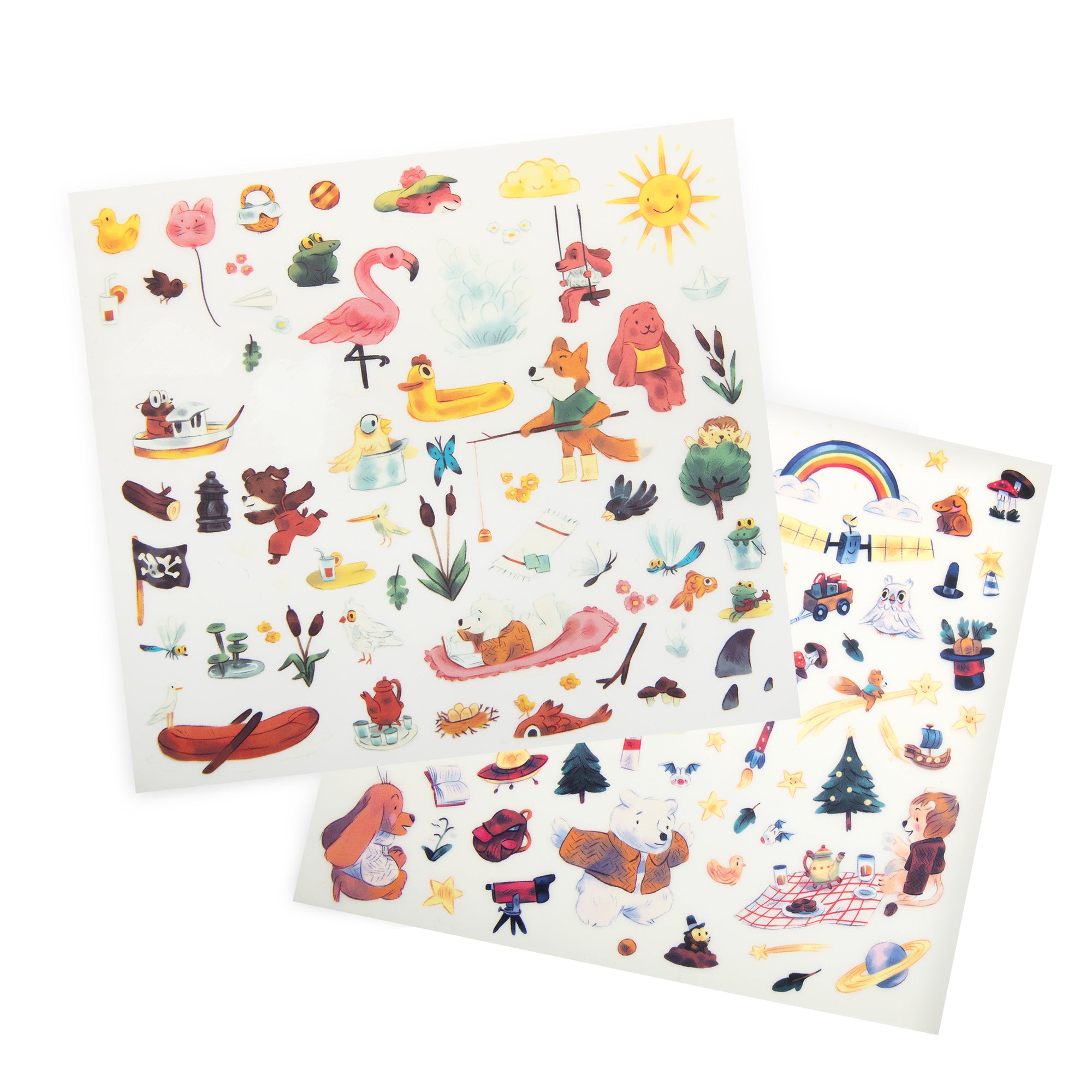 Two sheets of colorful illustrated stickers on a white background