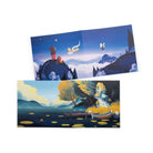 Two illustrated scenes: one with characters on a mountain and another by a lake with a boat.