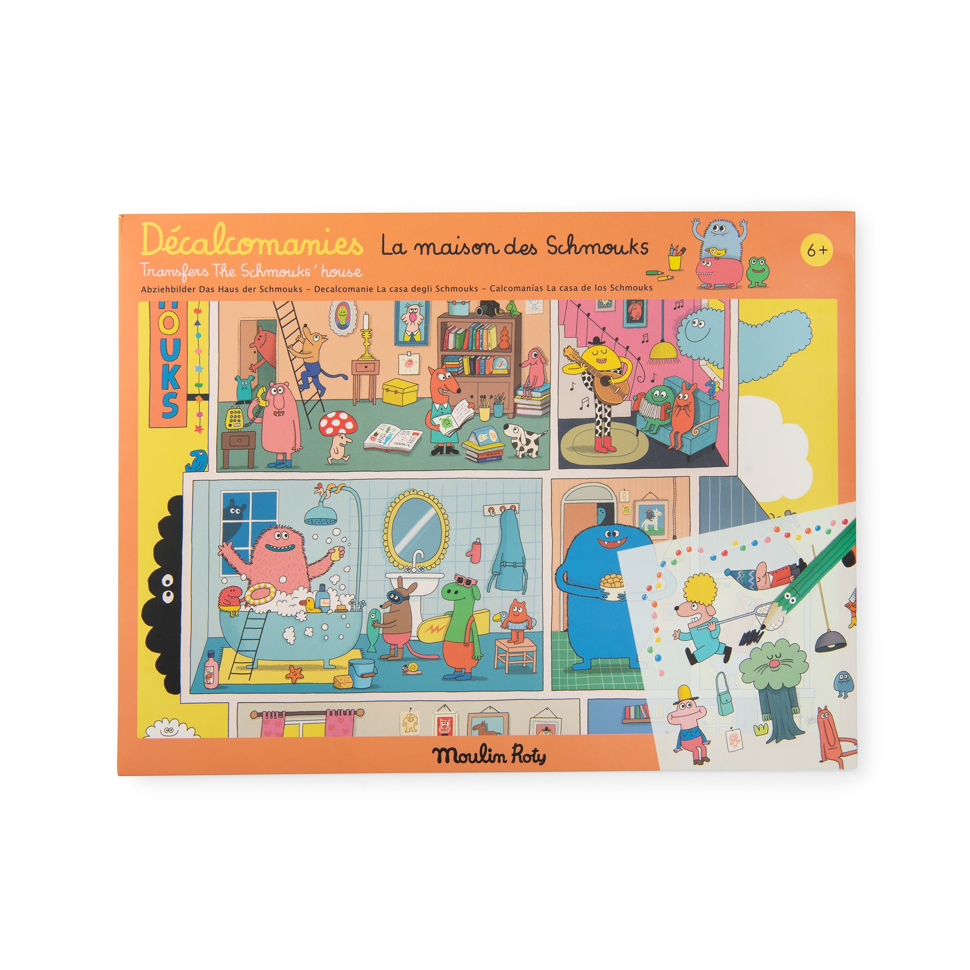 A children's sticker book or sticker set titled 'Décollomaries La maison des Schmeouts' by Mauden Poly, shown on a plain white background. The packaging is orange with a colorful illustrated collage of cartoon characters and rooms, and a small sheet of stickers is partially visible at the lower right.