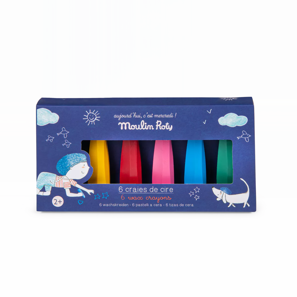 Box of Moulin Roty wax crayons with colorful crayons inside on a white background