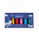 Box of Moulin Roty wax crayons with colorful crayons inside on a white background