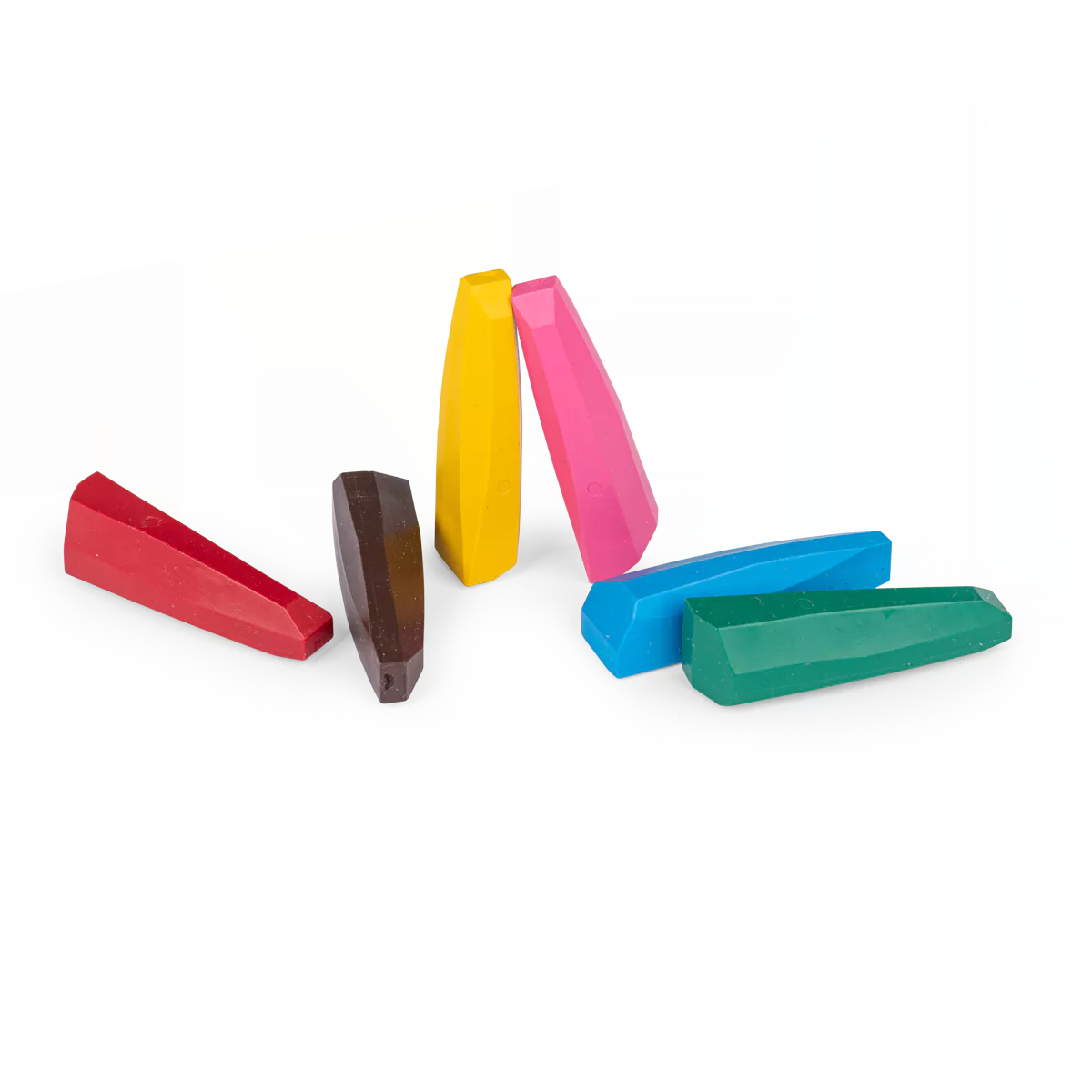 Set of colorful wedge-shaped crayons on a white background