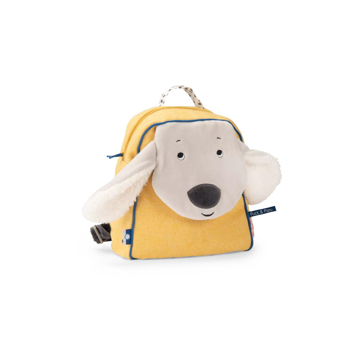 Yellow backpack with a dog-shaped face and ears on a white background