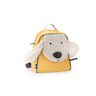 Yellow backpack with a dog-shaped face and ears on a white background
