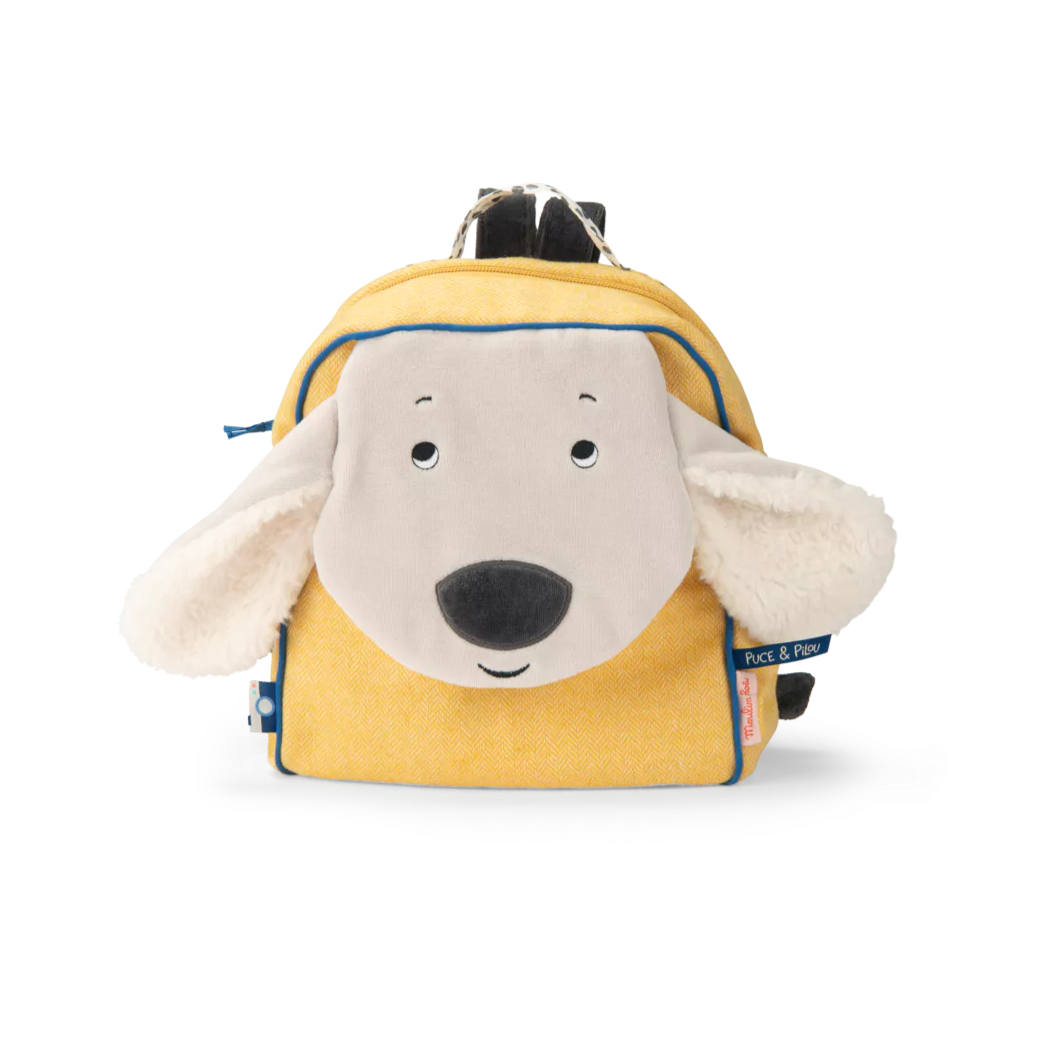 Yellow children's backpack with a dog face design on a white background
