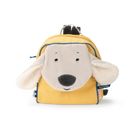 Yellow children's backpack with a dog face design on a white background