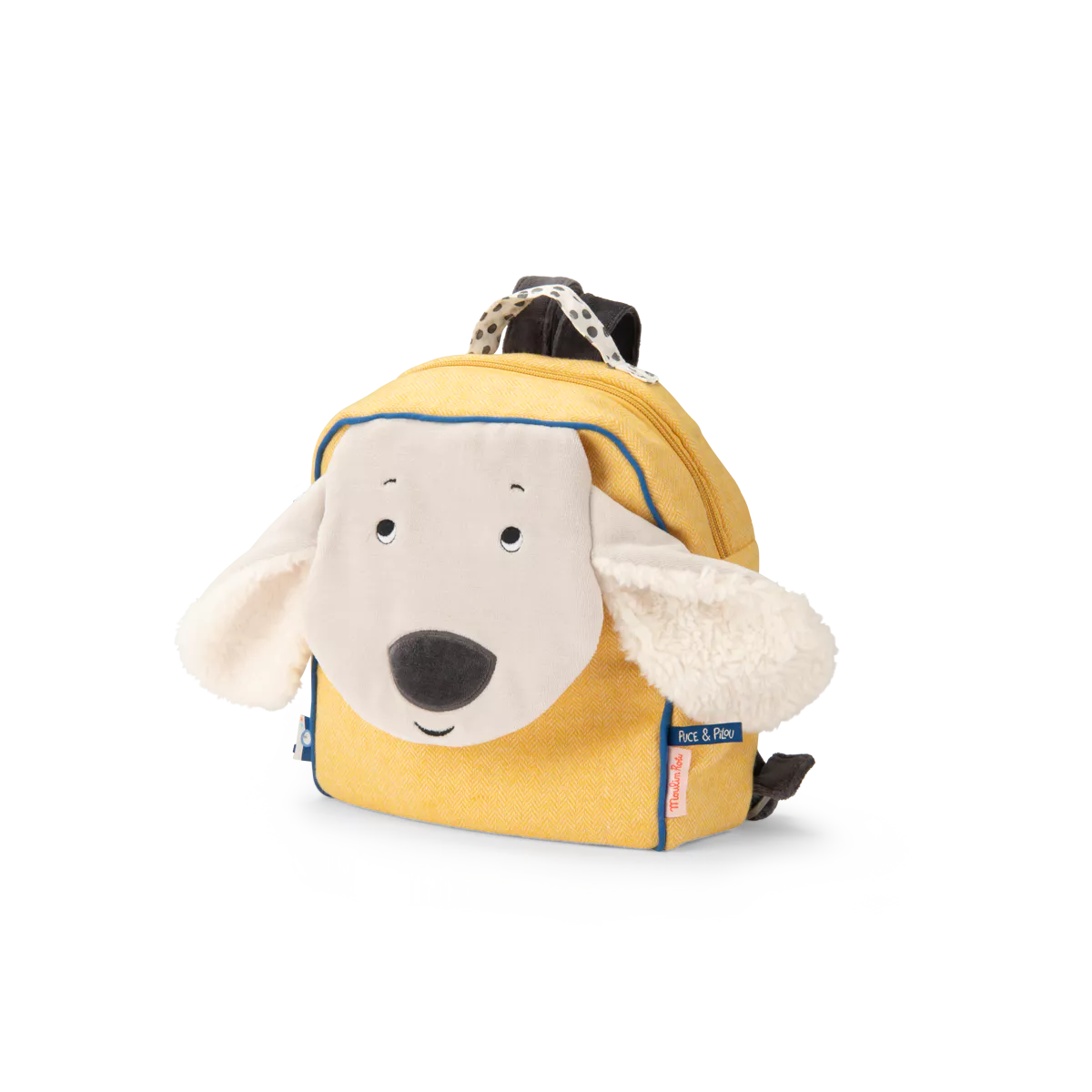 Yellow backpack with a dog design on a white background