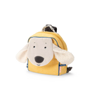 Yellow backpack with a dog design on a white background