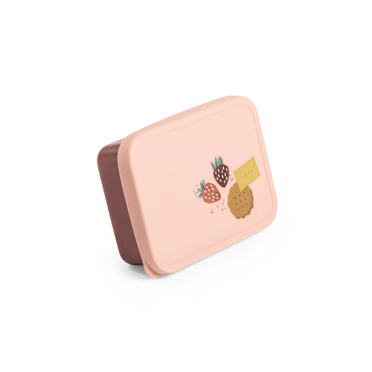 French children's Rectangular pink lunchbox box with fruit and biscuit llustrations on a white background
