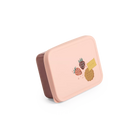 French children's Rectangular pink lunchbox box with fruit and biscuit llustrations on a white background