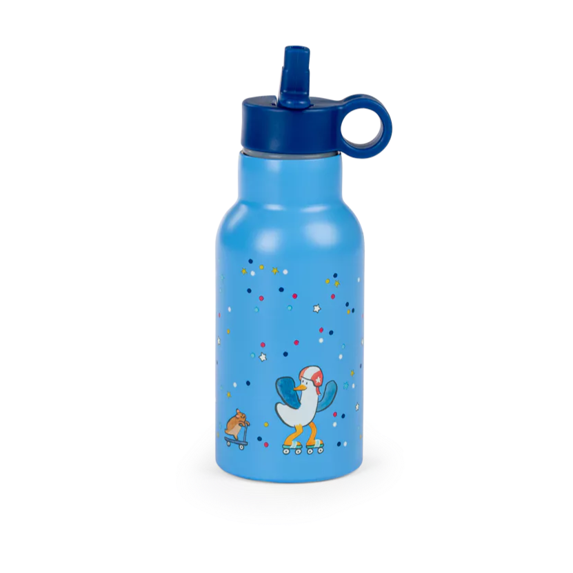 Blue water bottle with a design on a white background