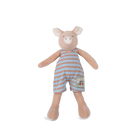 Stuffed toy pig in striped overalls on a white background