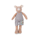 Stuffed toy pig in striped overalls on a white background