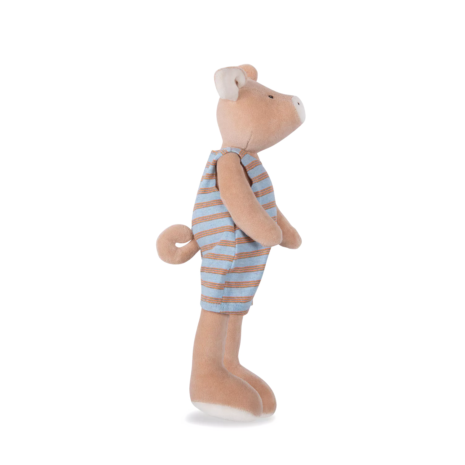 Stuffed animal toy with a striped outfit on a white background