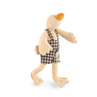 Plush toy duck wearing checkered overalls on a white background